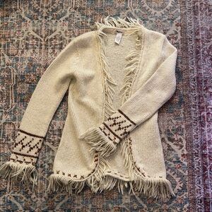Free People Large Fringed Cream Sweater with Brown Accents 85% Acrylic 15% Wool